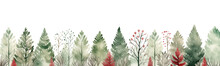 Watercolor Forest Horizontal Seamless Border. Watercolor Hand Painted Illustration.