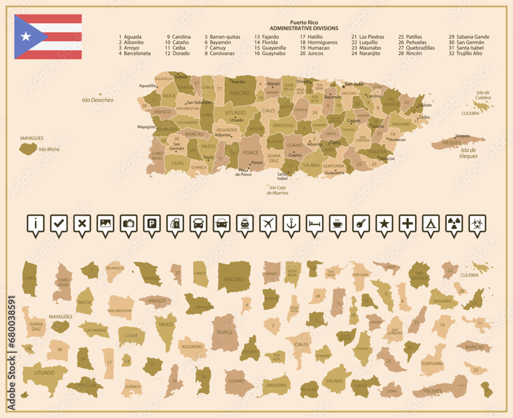 Color Coded Puerto Rico Map Puerto Rico - detailed map of the country in brown colors, divided into ...