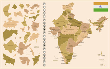 India - detailed map of the country in brown colors, divided into regions.