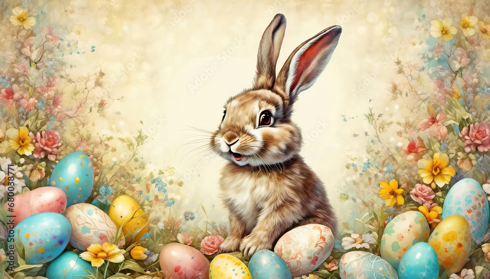 Cute easter bunny with eggs and flowers with copy space Stock ...