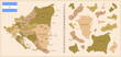 Nicaragua - detailed map of the country in brown colors, divided into regions.