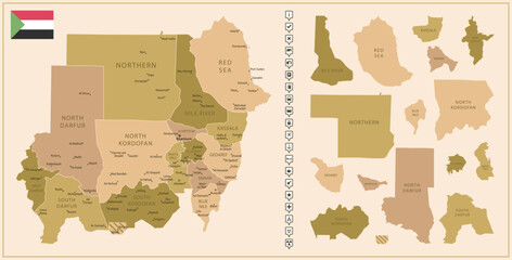 sudan - detailed map of the country in brown colors, divided into regions.