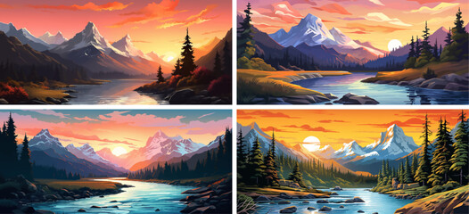 Sticker - peaceful dawn hiking panorama sunrise peak reflection horizontal scenery scene trees mountains 