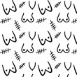 doodle pattern consisting of drawn female breasts, breasts with scars and just scars instead of breasts after surgery, on a white background