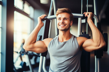 Wall Mural - Portrait of smiling young muscular man in gym on simulator. Healthy lifestyle. sport concept