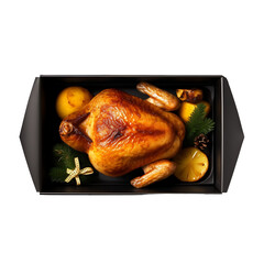 Christmas Festive celebration roasted chicken with vegetables and potatoes isolated on transparent background