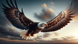 Horizontal photo of a bald eagle in flight, powerful wings, intense gaze.
