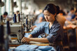 Woman from Asia sewing in a factory on developing country