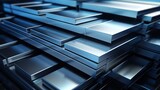 Fototapeta  - Stacked aluminum and steel profiles forming an industrial abstract background. 3D rendering of metalware for construction and engineering