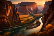 A Serene River Winding Through A Canyon, Surrounded By Towering Cliffs, With The Last Light Of Day Casting A Magical Glow
