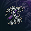 Reaper mascot logo design vector with concept style for badge, emblem and t shirt printing. Angry reaper illustration for sport and esport team.