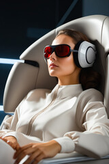 Poster - Woman wearing headphones and sunglasses sitting in car.