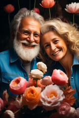 Wall Mural - Man and woman are smiling with flowers in front of them.