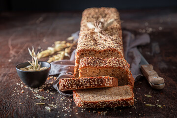 Homemade wholemeal bread freshly baked in home bakery..