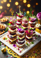 Poster - Festive appetizers from beetroot, cheese and multigrain bread on white plate.