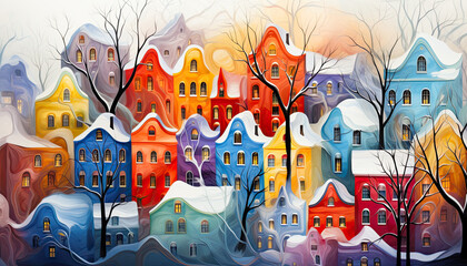 Whimsical winter town with colorful houses