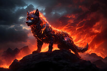  Image Of A Fire Burning Wolf Standing On A Rock  In The Background