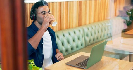 Poster - Laptop, coffee shop and man celebrate, excited and happy for online notification, restaurant report or customer experience review. Freelancer, remote work and winner cheers for cafeteria announcement