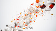 Prescription Medicine Drug Pills Scattered On White Countertop Addiction Opioid Epidemic Crisis Painkiller Benzodiazepine 