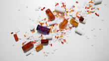Prescription Medicine Drug Pills Scattered On White Countertop Addiction Opioid Epidemic Crisis Painkiller Benzodiazepine 