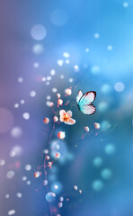 Wall Mural - beautiful blue butterfly in flight over branch of flowering tree in spring at sunrise on light blue 