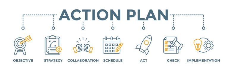 Action plan banner web icon vector illustration concept with icon of objective, strategy, collaboration, schedule, act, launch, check, and implementation