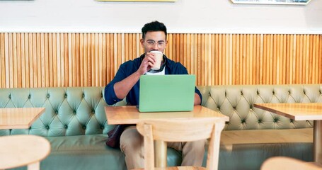 Poster - Happy, man and remote work in coffee shop with laptop and SEO, research or writing project online with communication. Businessman, working and smile in restaurant with computer, internet and espresso