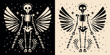 Angel Skeleton Illustration For Witchy Gothic Christmas Decorations. Creepy Holiday Season Ornament. Vintage Dark Academia Aesthetic Scary Esoteric Decor. Minimalist Vector For Printable Products.