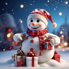 Wall Mural - Snowman with gifts in snow background, Christmas atmosphere,