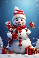 Wall Mural - Snowman with gifts in snow background, Christmas atmosphere,