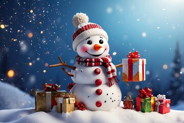 Wall Mural - Snowman with gifts in snow background, Christmas atmosphere,