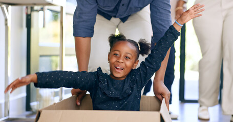 Canvas Print - Playing, black man in new home, child in box and smile at front door with property mortgage. Moving, father and game with daughter in house, excited for investment, real estate and future together.