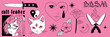 Tattoo Y2k style stickers with illustrations of anime girls, flame, rose flower, knives, heart and other elements in trendy 1990s-2000s style.