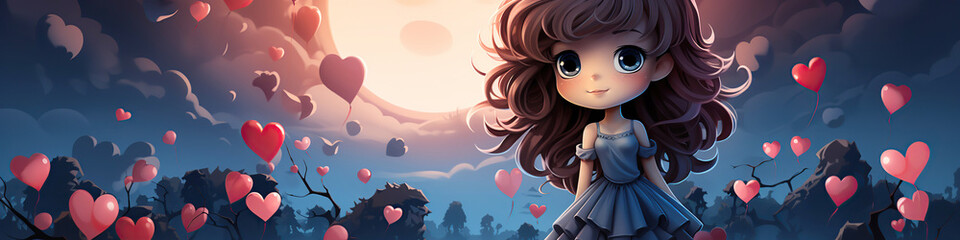 Wall Mural - happy cute cartoon character girl on festive background with hearts. Valentine's Day Greeting Card