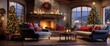 © Reha - living room decorated with christmas lights, rustic naturalism, bright and vivid colors, fanciful elements, whistling, fireplace, presents, Christmas tree, Christmas presents