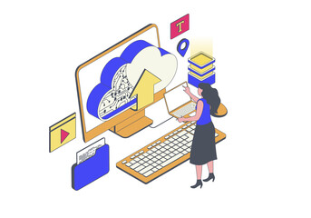 Fototapete - Cloud computing concept in 3d isometric design. Woman works with data processing, sync, uploading and downloading information online. Illustration with isometry people scene for web graphic.
