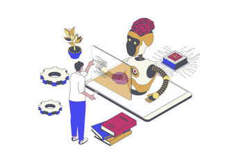 Fototapete - Artificial intelligence concept in 3d isometric design. Man working with digital brain, Machine learning and robot thinking process. Illustration with isometry people scene for web graphic.