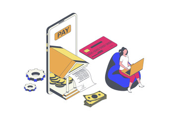Fototapete - Online banking concept in 3d isometric design. Woman paying digital invoice, makes financial transactions and manages finances in app. Illustration with isometry people scene for web graphic.