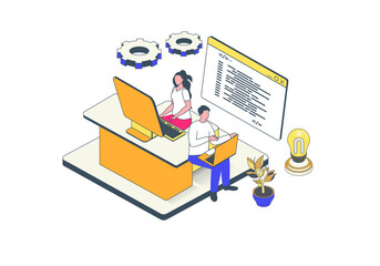 Fototapete - Software programming concept in 3d isometric design. Developer team work with code, testing computer programs and making optimization. Illustration with isometry people scene for web graphic.