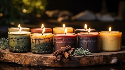 Wall Mural - A Collection Of Earth-Toned Candles On A Wooden , Background For Banner, HD