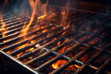 Close Up Of Empty Grill With Fire In Background Of Modern Restaurant. Cooking Concept Of Food And Dish.