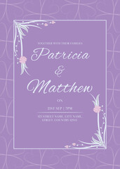Wall Mural - Floral Wedding Invitation Card Template Layout with Venue Details in Pastel Purple Color.