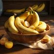 Em um close-up, observamos bananas descascadas dispostas ao lado de outras ainda intactas, sobre uma mesa.