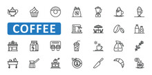 Coffee Icon Set. Cappuccino, Drink, Cup, Hot, Espresso, Beverage, Cafe, Tea, Breakfast, Morning, Bean, Beans, Cafeteria, Icons. Editable Stroke Thin Line Outline Icon Collection. Vector Illustration