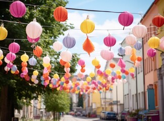 Colorful paper lanterns of different sizes hang on ropes above the street, against the backdrop of buildings. Street festival.