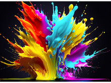 Abstract Explosion Of Colors In Paint Splashes, Isolated On Black. Mixed Liquid Vivid Flow, Curved Dynamic Fluid For Creative Background