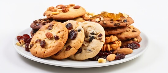 Poster - Nuts and candied fruits on a white background Homemade cookies pattern food Copy space image Place for adding text or design