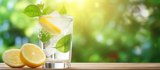 Poster - Lemonade with splash on wooden table green blurred background Refreshing summer drink cold water with lemon Copy space image Place for adding text or design