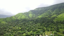 Panning Shot Of Lush Green Western Ghats Of Sahyadri In Monsoon Season. Drone Shot Of Agriculture Land Near Mountains.