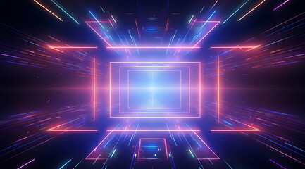 Poster - Futuristic purple digital space with floating geometric cubes and an infinite perspective.